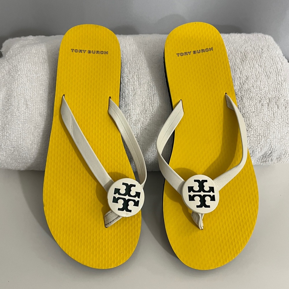 Tory Burch Minnie Flip Flop Womens 7.5 Yellow White Designer Summer Beach Lux